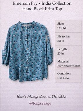 Emerson Fry India Collection Hand Block Print Cotton Top OSFM Blue